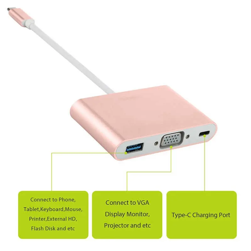 Benks U20 Type-C 3'ü 1 Arada Adaptör, USB 3.0, VGA ve Type-C