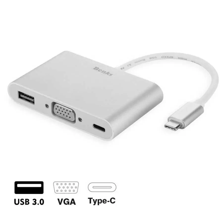 Benks U20 Type-C 3'ü 1 Arada Adaptör, USB 3.0, VGA ve Type-C