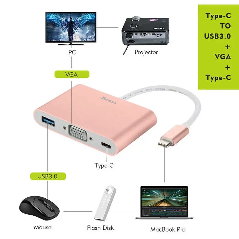 Benks U20 Type-C 3'ü 1 Arada Adaptör, USB 3.0, VGA ve Type-C