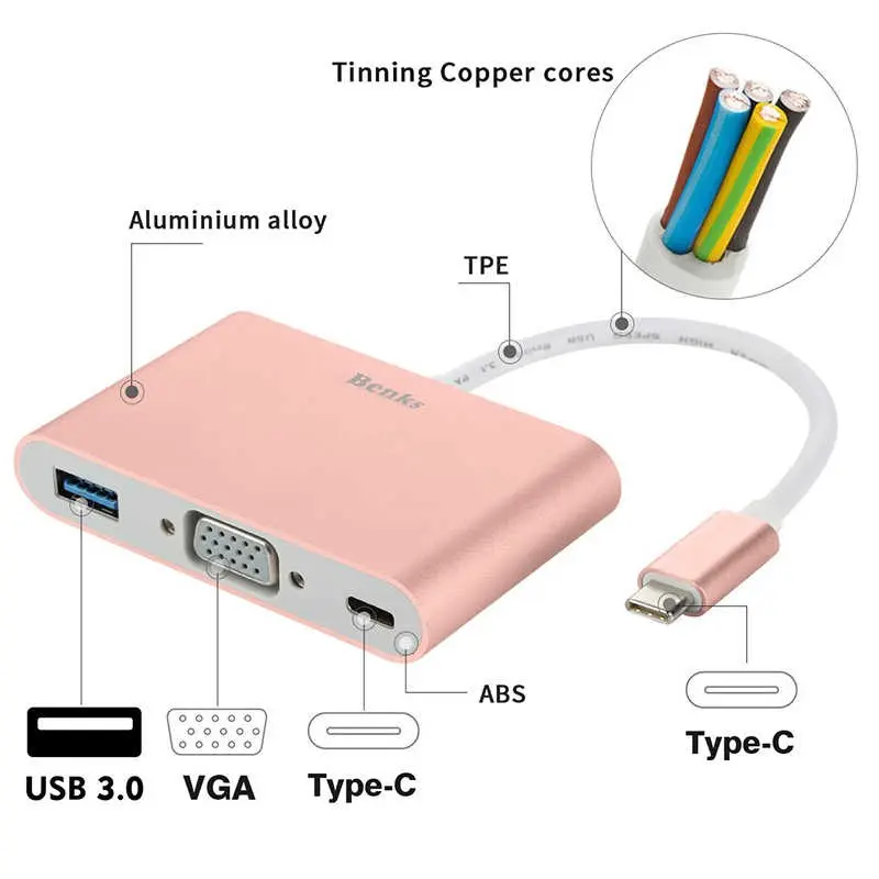 Benks U20 Type-C 3'ü 1 Arada Adaptör, USB 3.0, VGA ve Type-C