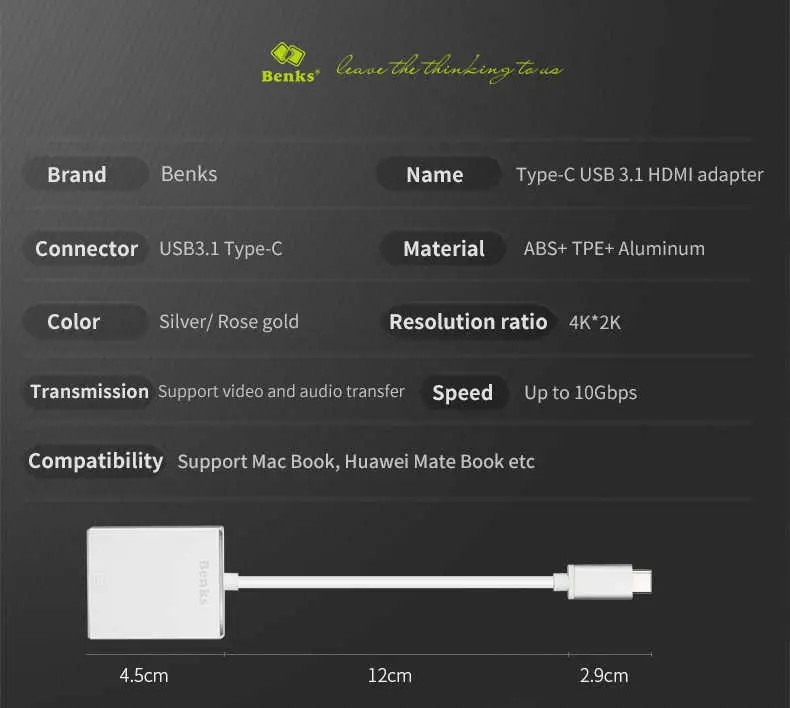 Benks USB 3.1 Type-C to HDMI Adaptör, 4K Video ve Ses Aktarımı