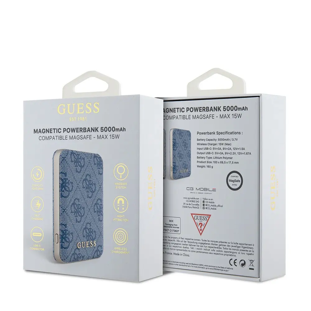 Guess 4G Desenli 5000 mAh MagSafe Uyumlu Kablosuz Powerbank, 15 W