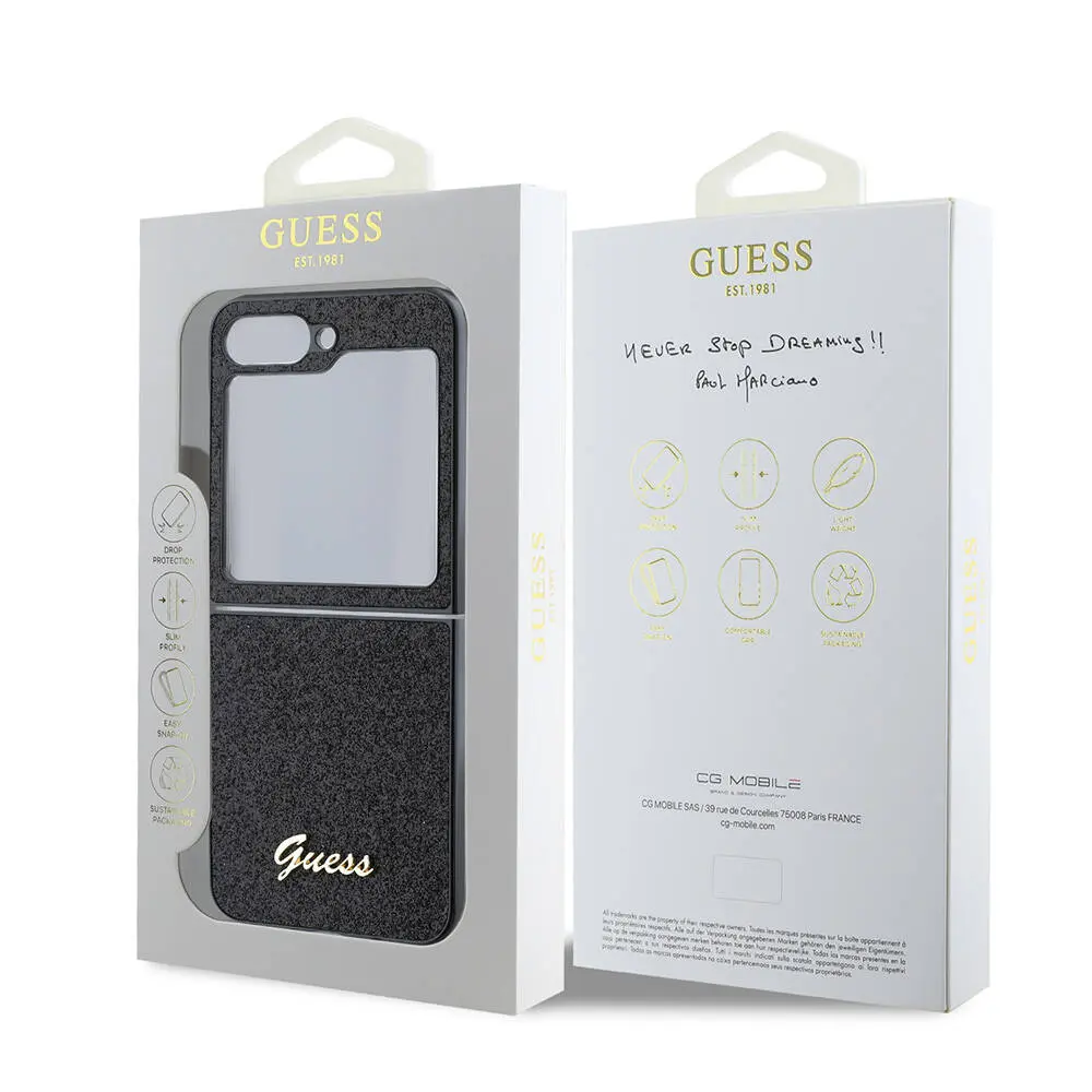 Galaxy Z Flip 6 Kılıf Guess Lisanslı Glitter Script Kapak - Siyah