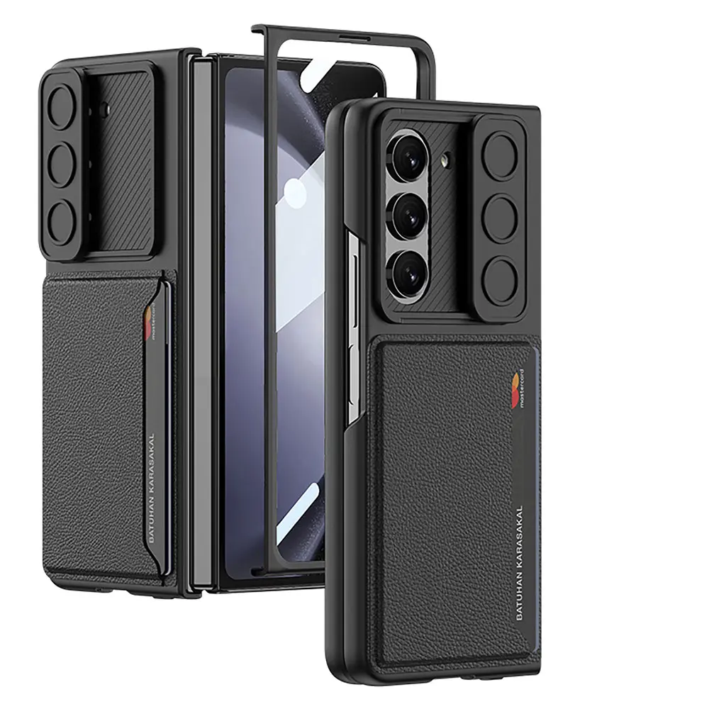 Galaxy Z Fold 5 Suni Deri Kartlıklı Sürgülü Kamera Korumalı Kılıf - GKK