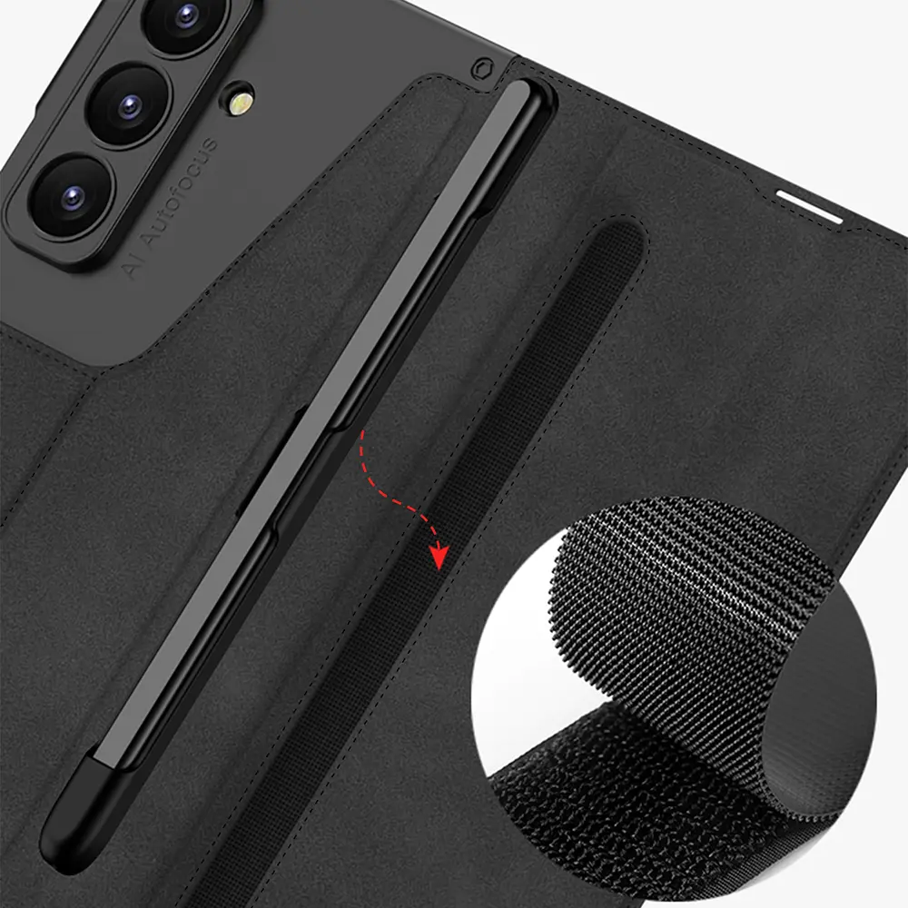 Galaxy Z Fold 7 Kılıf Kamera Korumalı Kadife Tasarımlı Zore Kıpta Kalem Bölmeli Fest Kapak