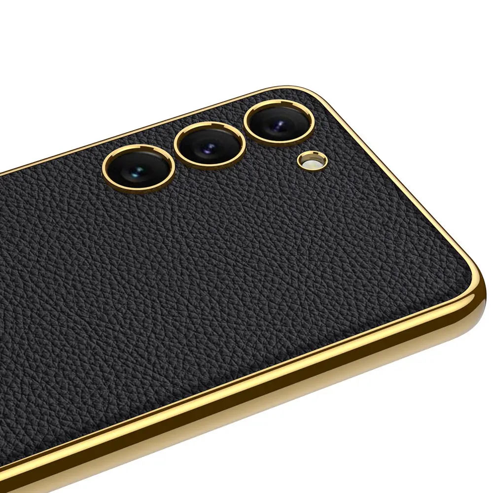 Galaxy S23 Deri Görünümlü Elektroplating Kenarlı Kılıf - Zore Fizyon