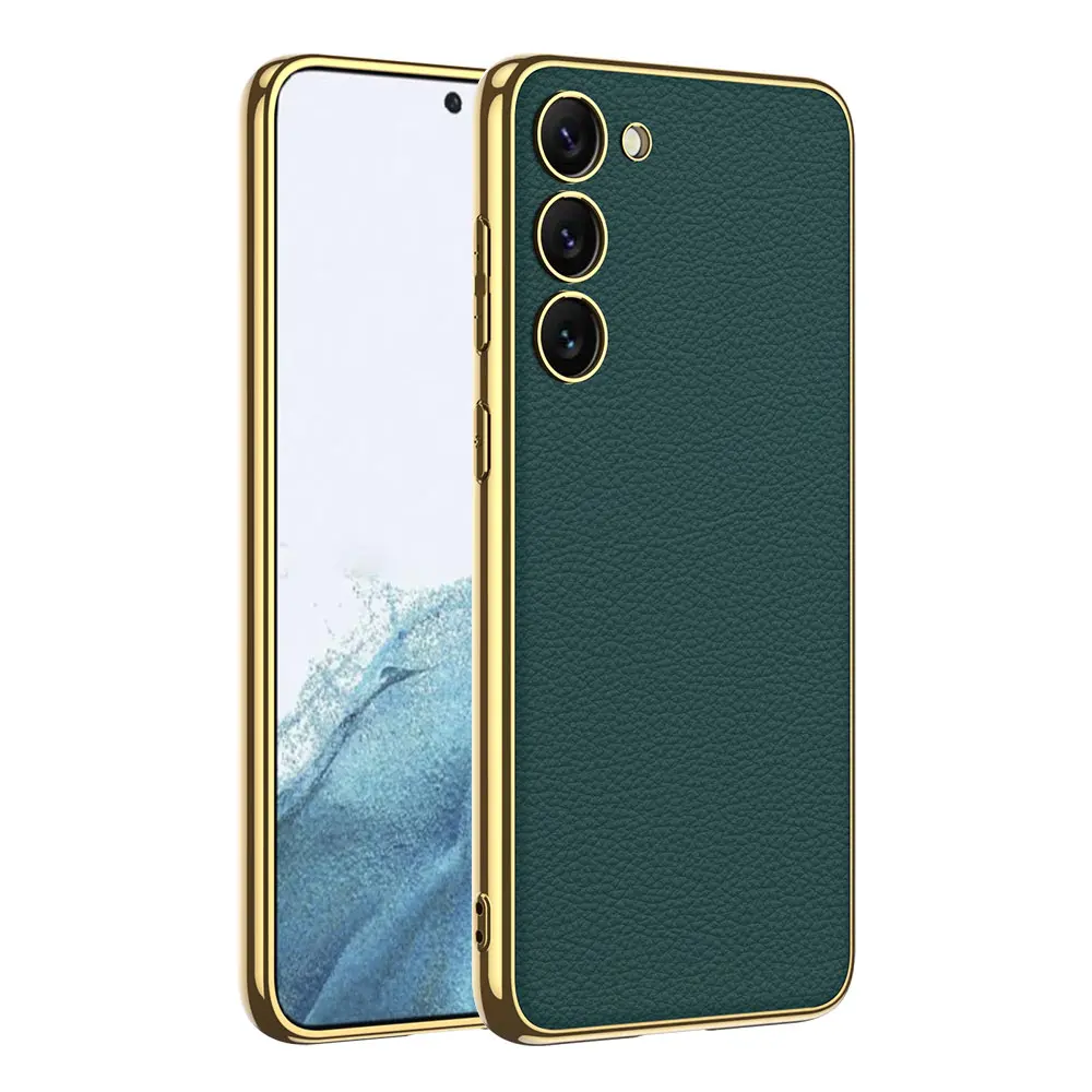 Galaxy S23 Deri Görünümlü Elektroplating Kenarlı Kılıf - Zore Fizyon
