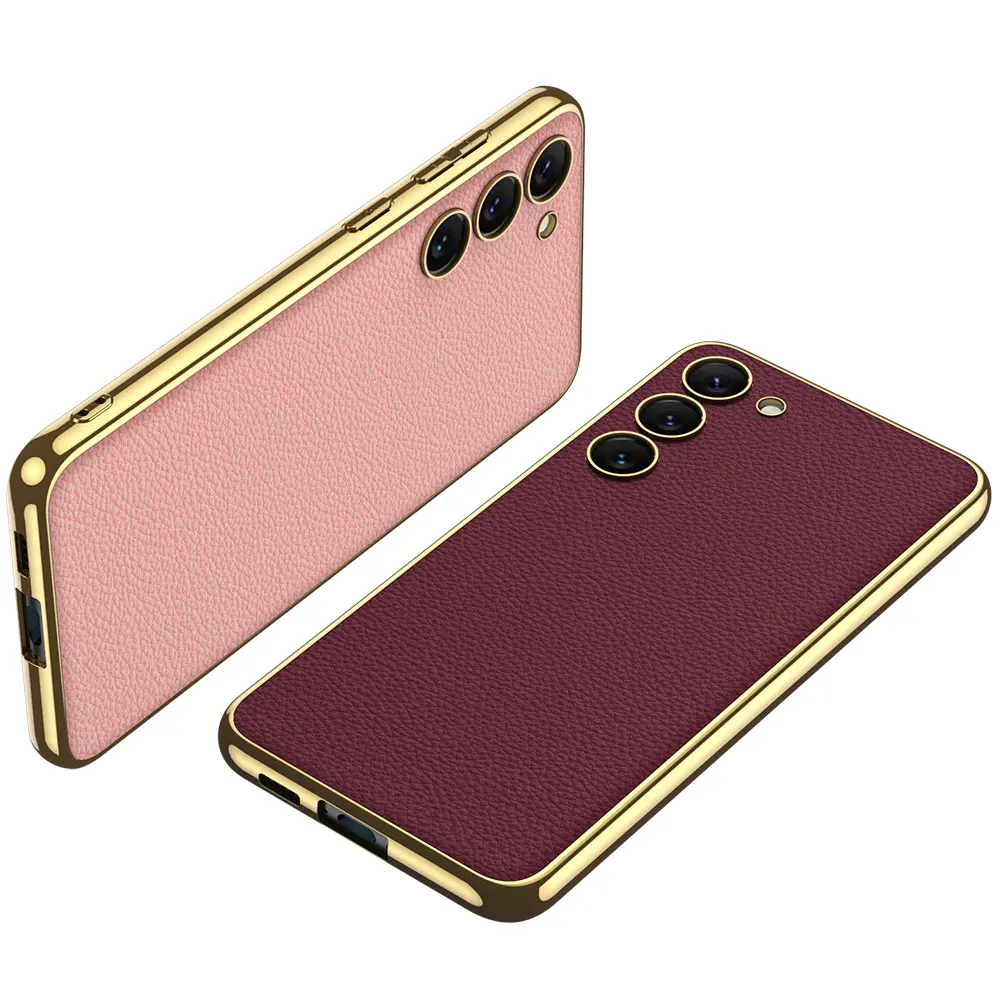 Galaxy S23 Deri Görünümlü Elektroplating Kenarlı Kılıf - Zore Fizyon