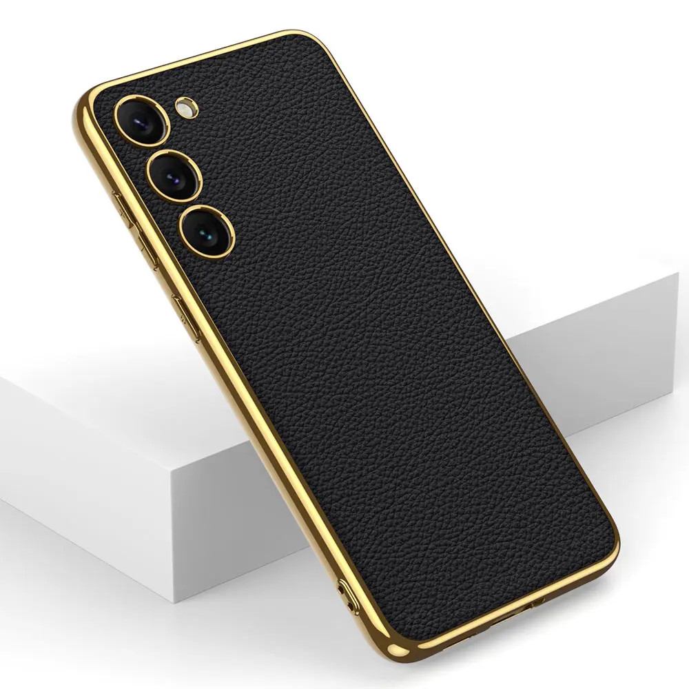 Galaxy S23 Deri Görünümlü Elektroplating Kenarlı Kılıf - Zore Fizyon