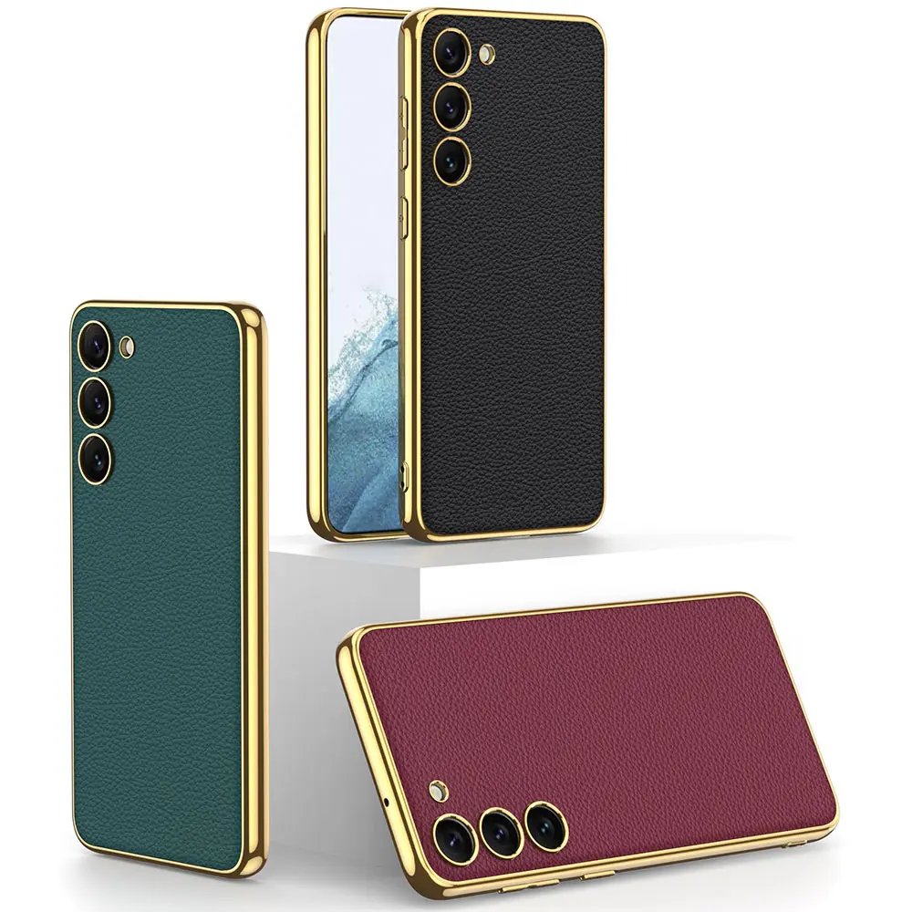 Galaxy S23 Plus Deri Görünümlü Elektroplating Kenarlı Kılıf - Zore Fizyon