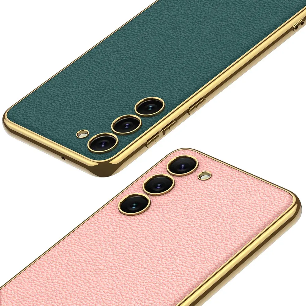 Galaxy S23 Plus Deri Görünümlü Elektroplating Kenarlı Kılıf - Zore Fizyon