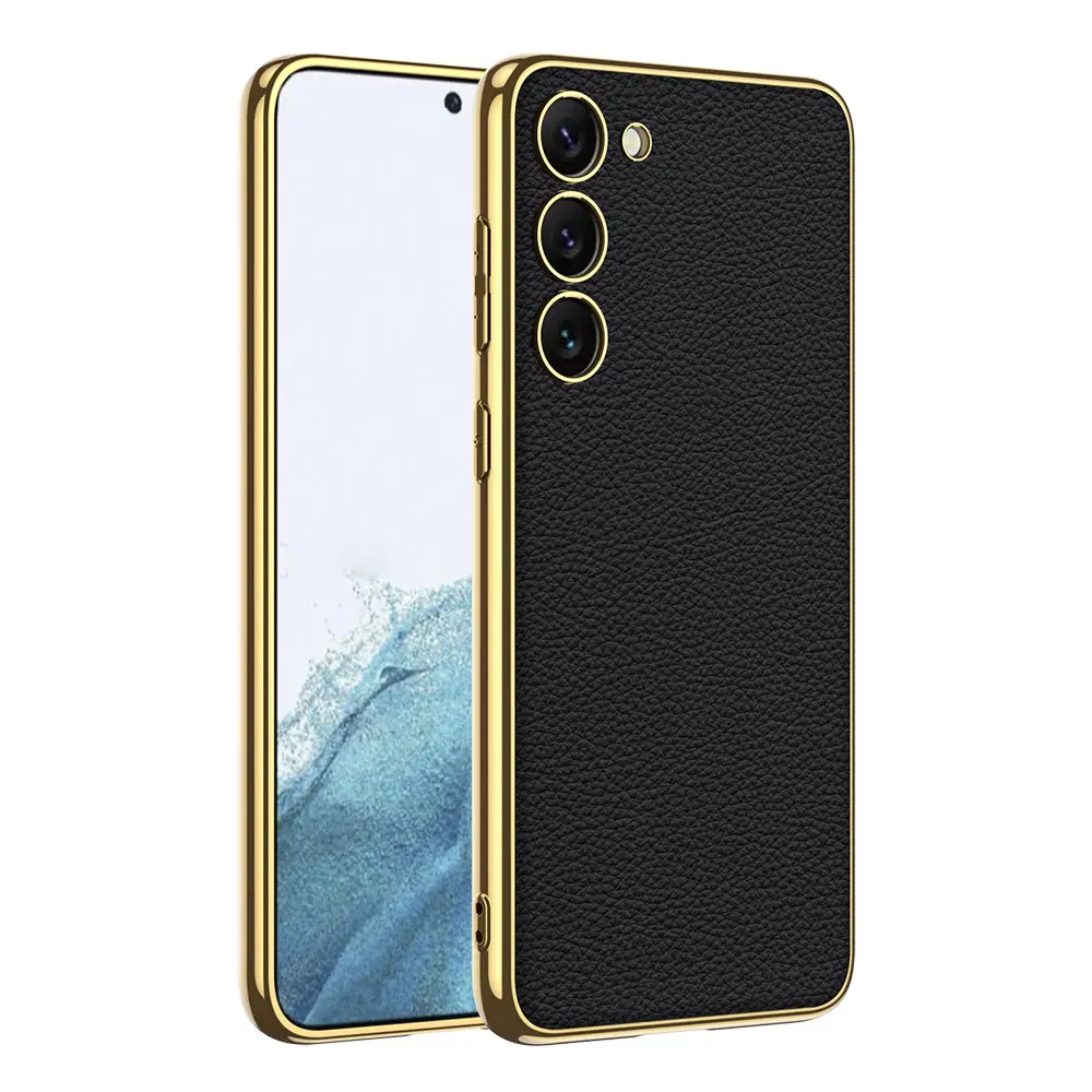 Galaxy S23 Plus Deri Görünümlü Elektroplating Kenarlı Kılıf - Zore Fizyon