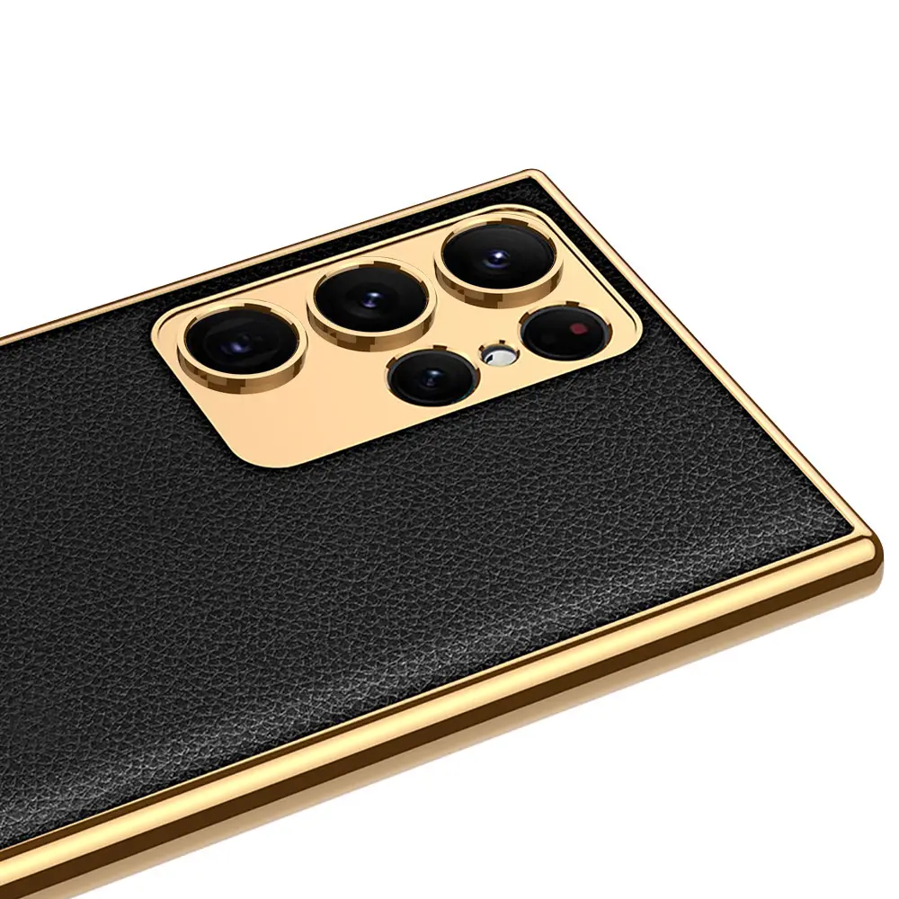Galaxy S23 Ultra Deri Görünümlü Elektroplating Kenarlı Kılıf - Zore Fizyon