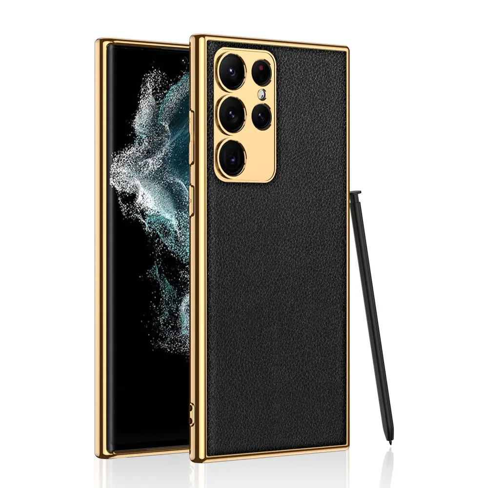Galaxy S23 Ultra Deri Görünümlü Elektroplating Kenarlı Kılıf - Zore Fizyon