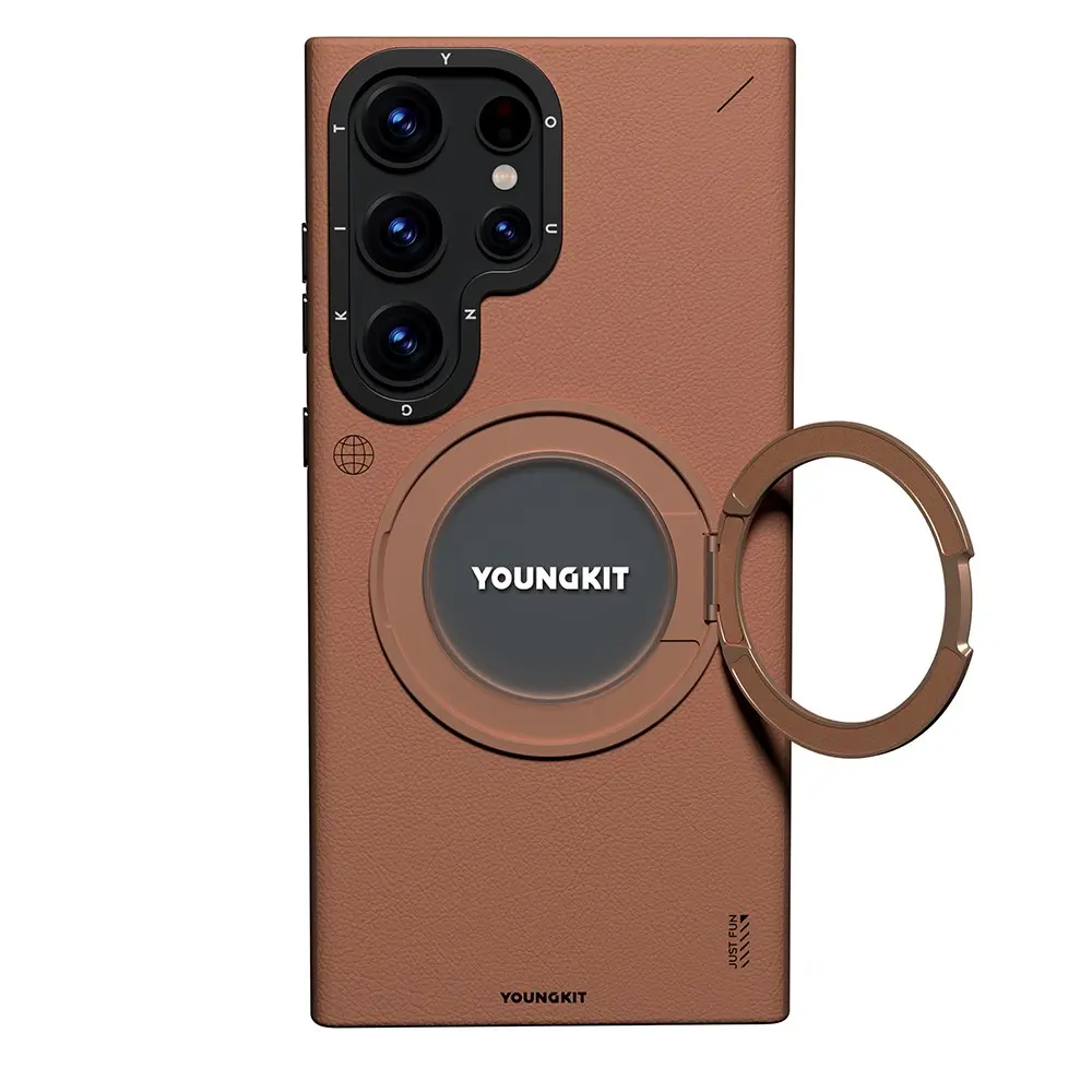 Galaxy S23 Ultra MagSafe Uyumlu 360° Standlı Mat Deri Kılıf - Youngkit Tech Leather