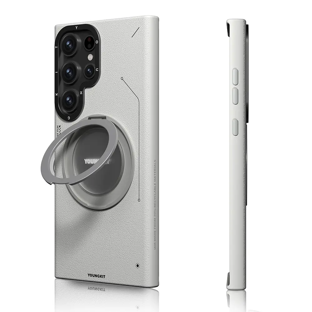 Galaxy S23 Ultra MagSafe Uyumlu 360° Standlı Mat Deri Kılıf - Youngkit Tech Leather