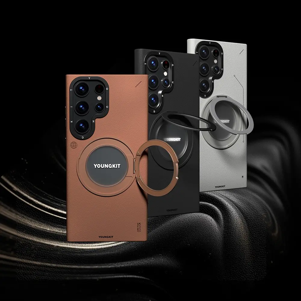 Galaxy S23 Ultra MagSafe Uyumlu 360° Standlı Mat Deri Kılıf - Youngkit Tech Leather