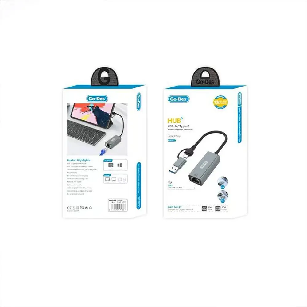 Go Des GD-6871 RJ45 Type-C ve USB-A Ethernet Dönüştürücü Kablo, 100 Mbps