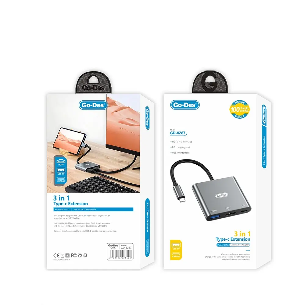 Go Des GD-8287 Type-C to HDMI 3in1 Dönüştürücü Adaptör, 4K Destekli