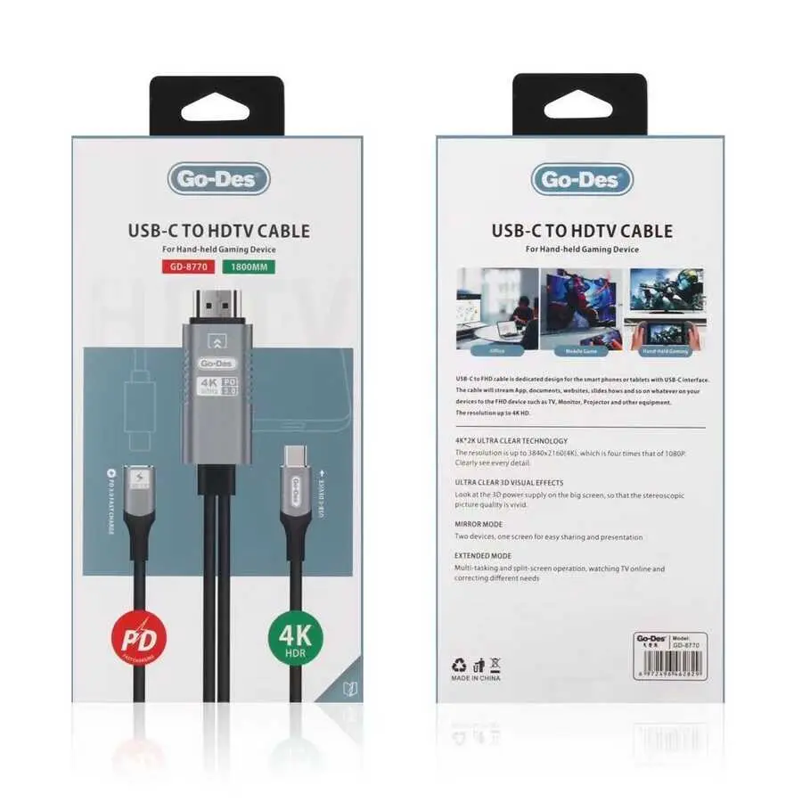 Go Des GD-8770 Type-C to HDMI Kablo, 4K 60 Hz Görüntü Aktarımı