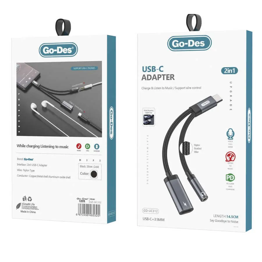 Go Des GD-UC312 Type-C Şarj ve Ses Adaptör Kablosu, 3.5 mm Jak Çıkışlı
