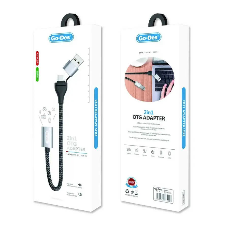 Go Des GD-UC316 2'si 1 Arada Type-C ve USB OTG Kablo, 28 cm