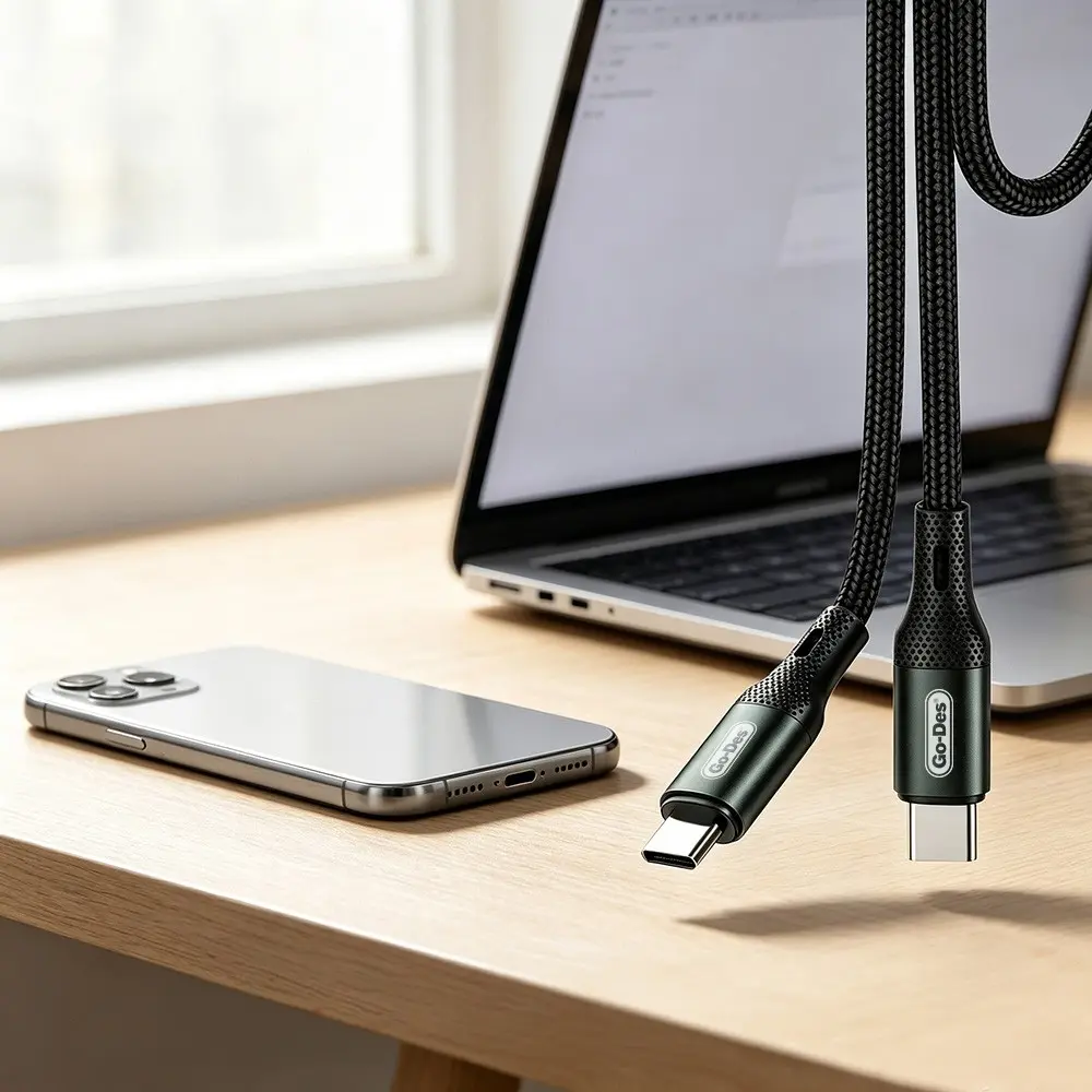 Go Des GD-UC575 Type-C to Type-C 40W PD Şarj ve Data Kablosu, 3 Metre Örgü