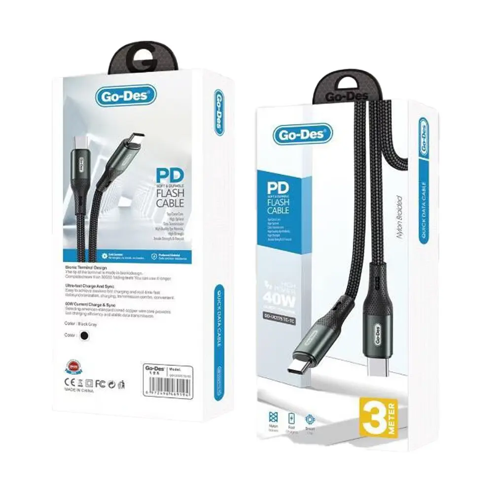 Go Des GD-UC575 Type-C to Type-C 40W PD Şarj ve Data Kablosu, 3 Metre Örgü