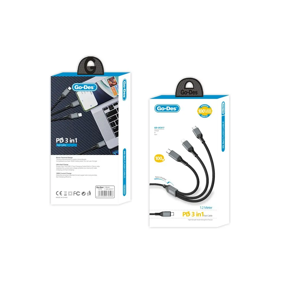Go-Des GD-UC617 3'ü 1 Arada Type-C ve Lightning PD Şarj Kablosu 100W 1.2 m