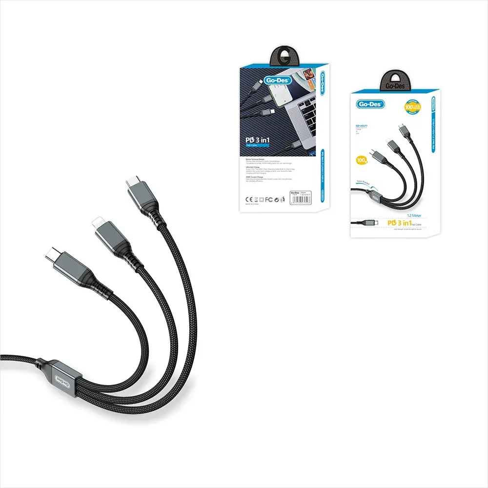 Go-Des GD-UC617 3'ü 1 Arada Type-C ve Lightning PD Şarj Kablosu 100W 1.2 m