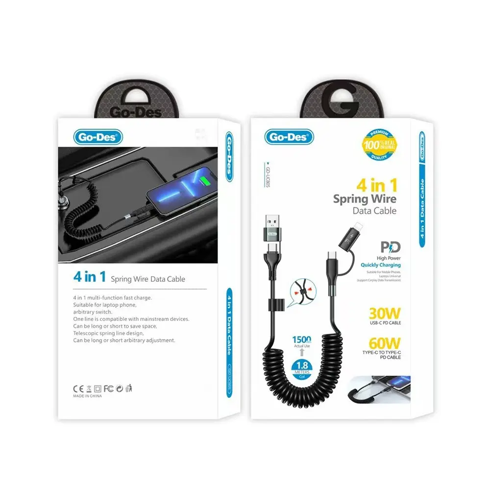 Go Des GD-UC805 4'ü 1 Arada Sarmal PD Şarj ve Data Kablosu, 60W 1.8 m