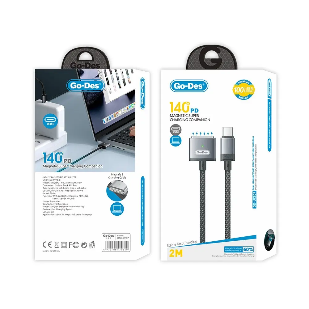 Go Des GD-UC807 Type-C - MagSafe 3 MacBook Şarj Kablosu, 140W 2 Metre - Gri