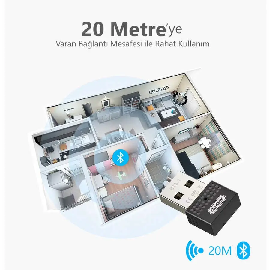 Go Des GD-BT112 USB Bluetooth Adaptör, Bluetooth 5.1 ve 20 m Menzil
