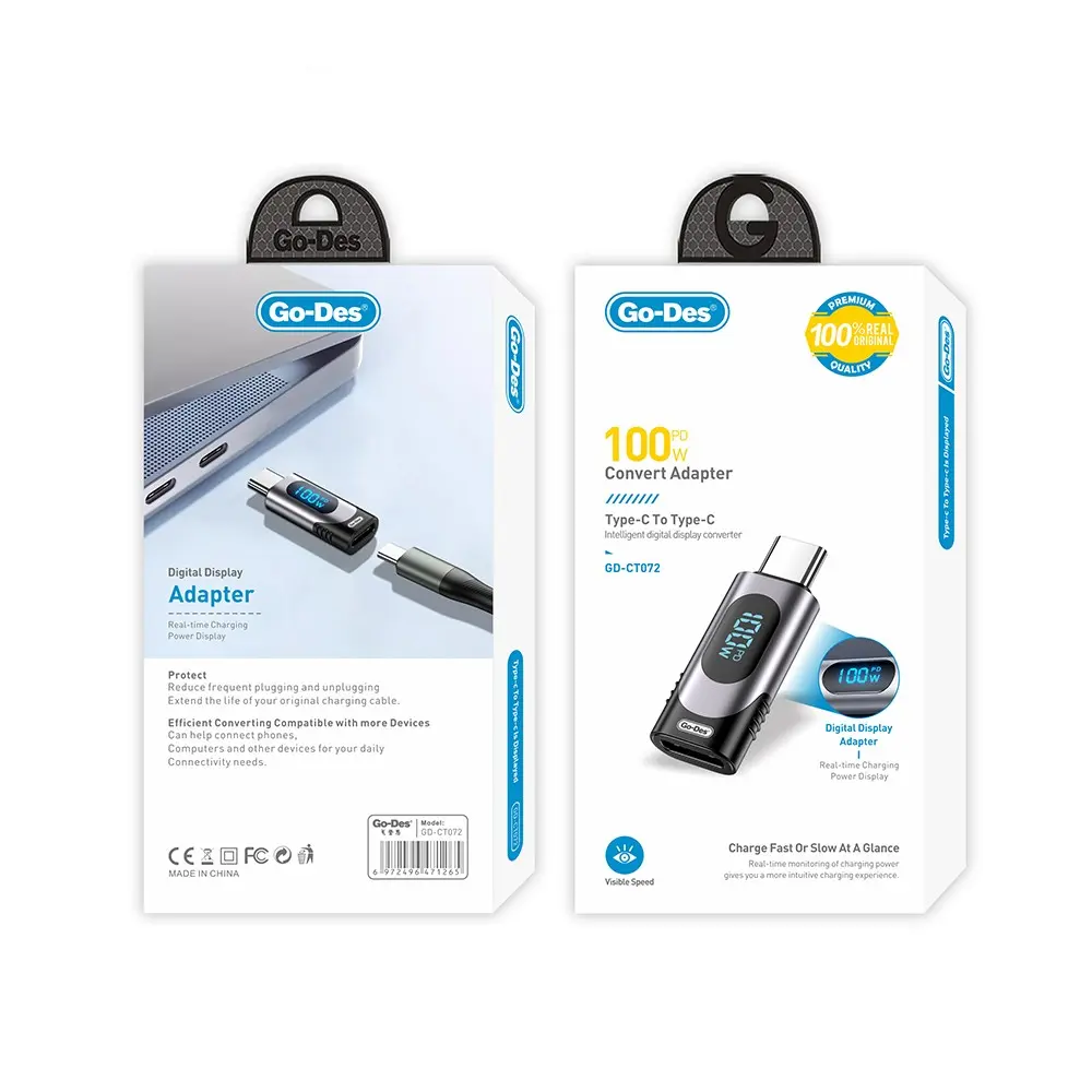Go Des GD-CT072 Type-C to Type-C 100W Dijital LED Göstergeli Şarj Adaptörü