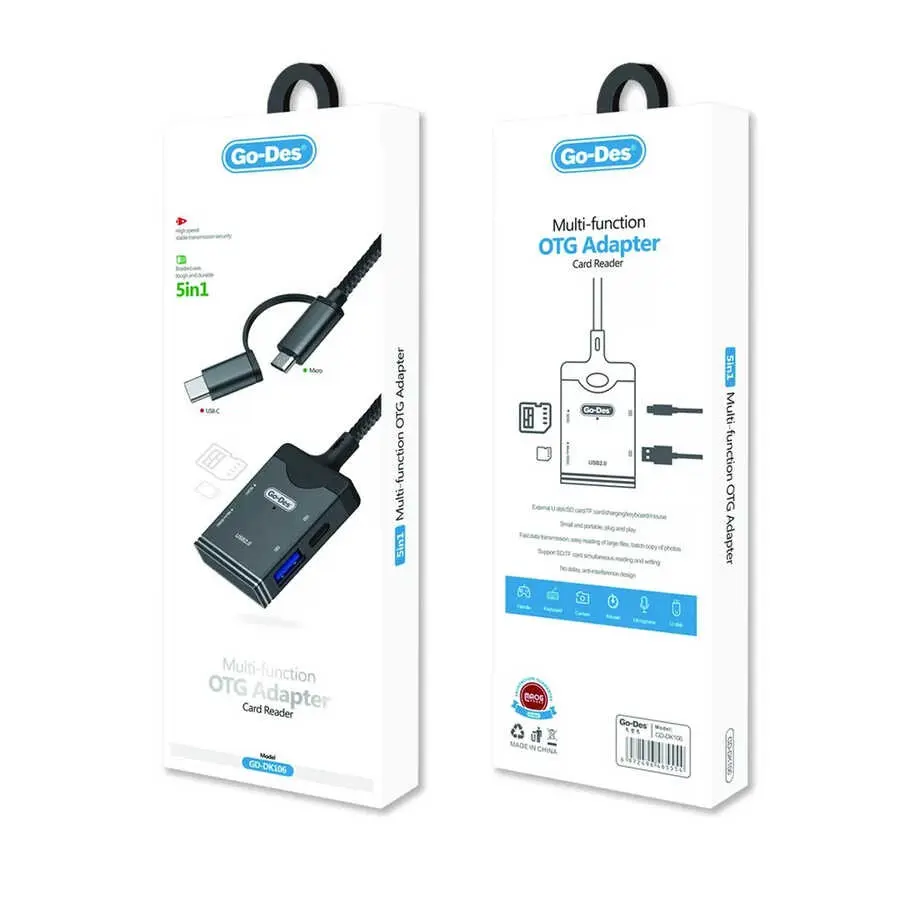 Go Des GD-DK106 5'i 1 Arada OTG Hafıza Kart Okuyucu, USB 2.0 ve Type-C