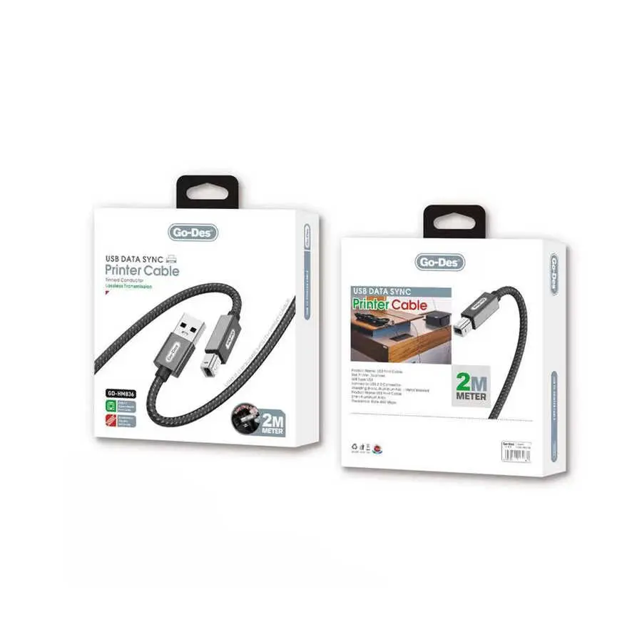 Go Des GD-HM836 USB-A to USB-B 2.0 Örgülü Yazıcı Kablosu, 2 Metre
