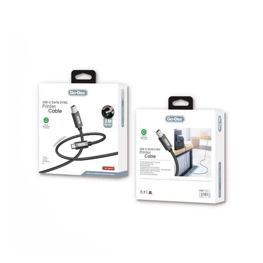 Go Des GD-HM837 Type-C to USB-B 2.0 Örgülü Yazıcı Kablosu, 2 m