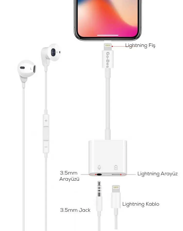 Go Des GD-OR881 Lightning Şarj ve Ses Adaptörü
