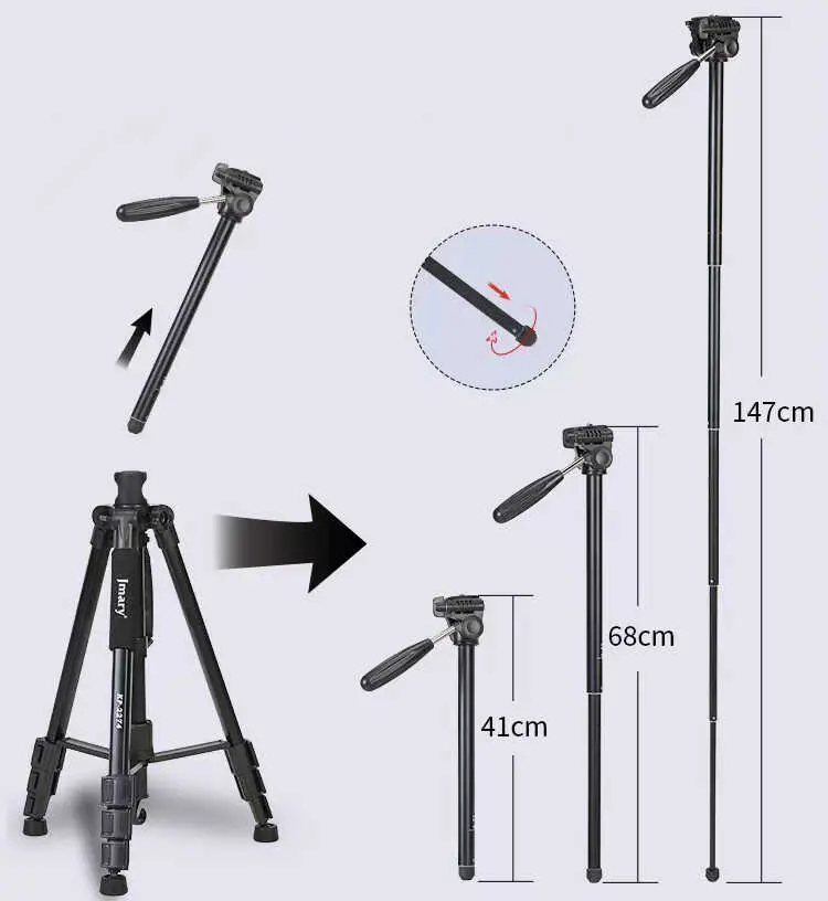 Jmary KP2274 Tripod, 167 cm Uzunluk ve Monopod Kullanımı