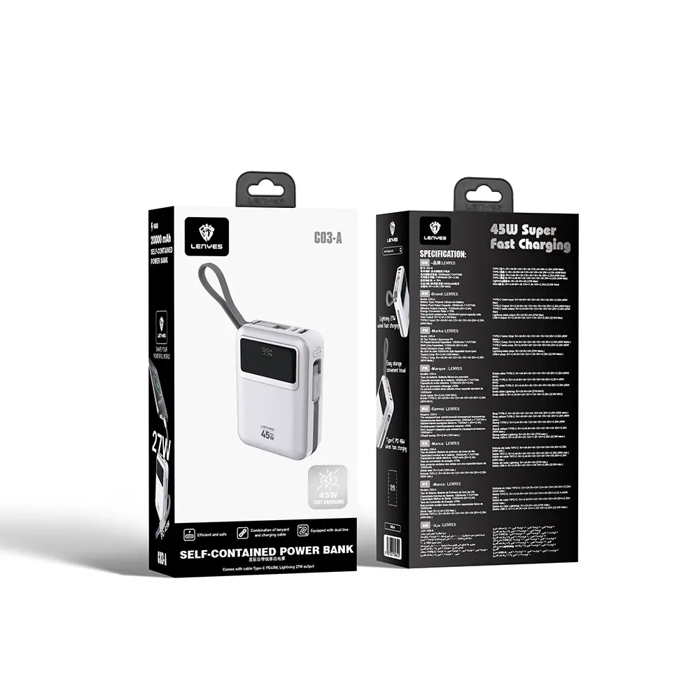 Lenyes C03-A 20.000mAh Powerbank, 45W Type-C ve Lightning Kablolu
