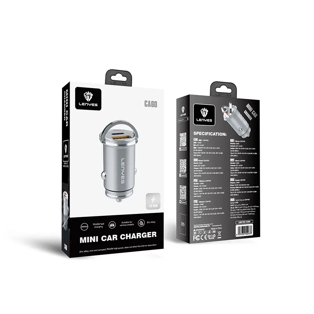 Lenyes CA60 Mini Araç Şarj Aleti, Dual Type-C + USB-A, PD 45W