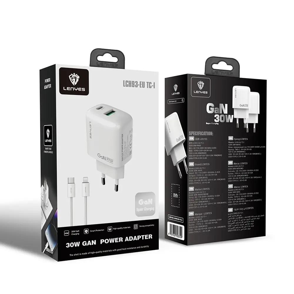Lenyes LCH93-TC-L 30W GaN PD Şarj Adaptörü ve Type-C to Lightning Kablo Seti