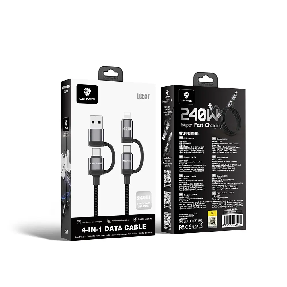 Lenyes LC557 4'ü 1 Arada 240W Örgülü Şarj ve Data Kablosu, 1 m