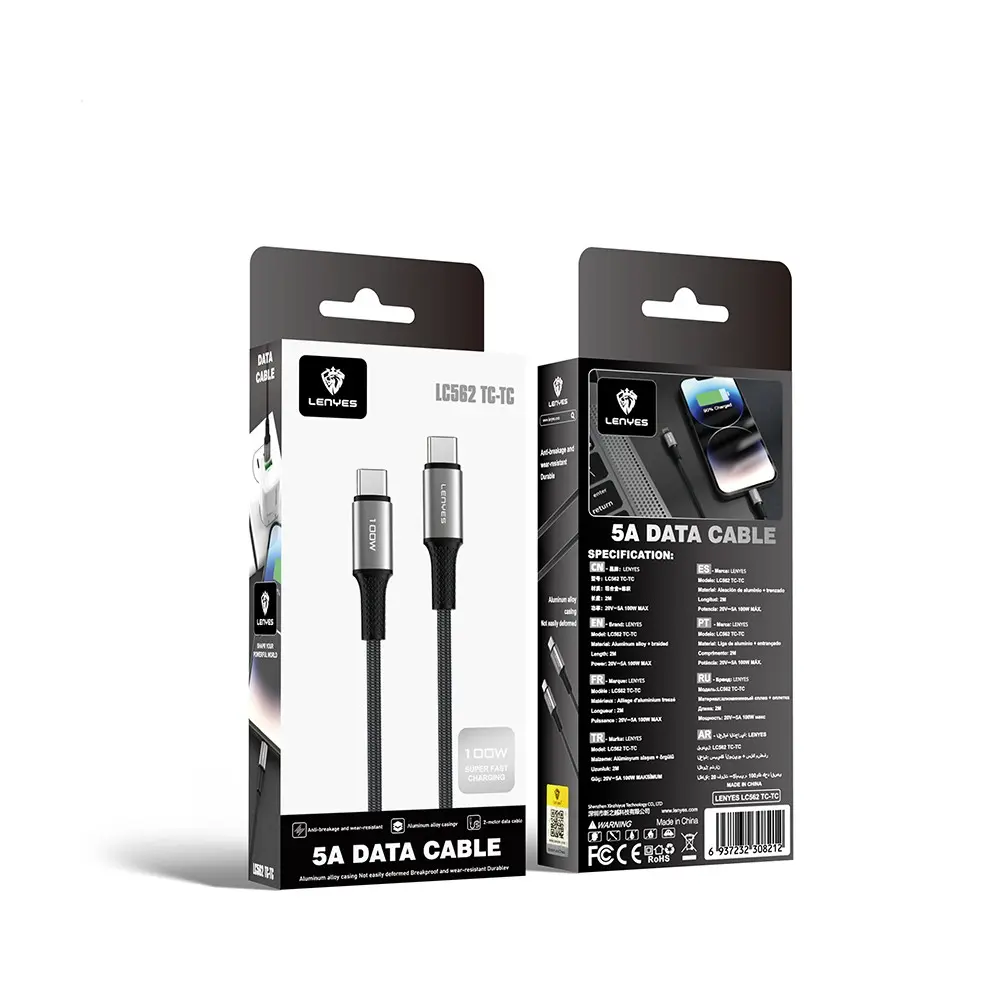 Lenyes LC562 Type-C to Type-C 100W PD Örgü Şarj ve Data Kablosu, 2 m