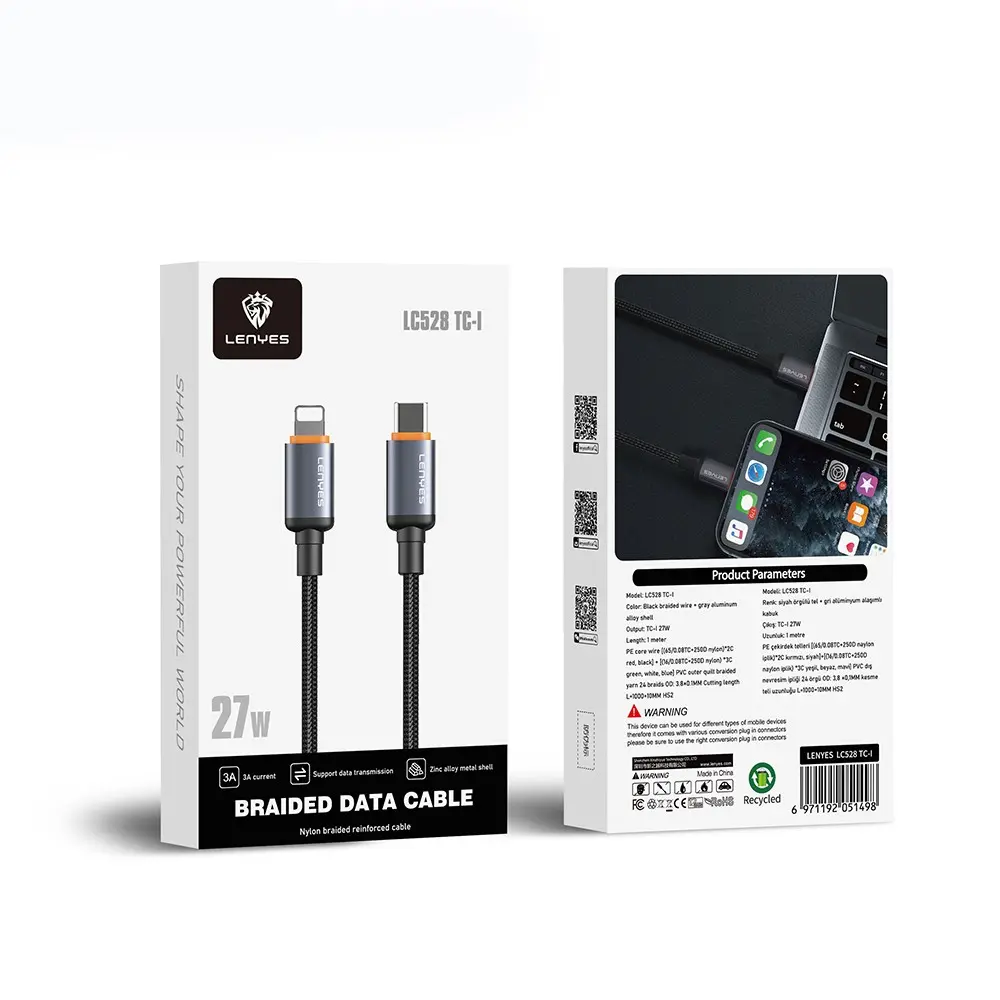 Lenyes LC528 Type-C to Lightning Örgülü Şarj ve Data Kablosu, 27W 1 m