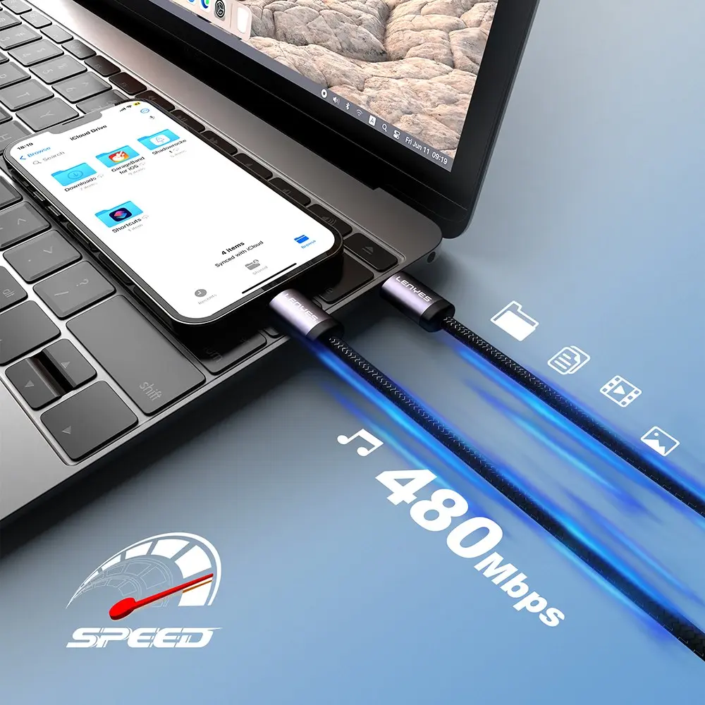 Lenyes LC537 Type-C to Lightning Örgülü Şarj ve Data Kablosu, 27W 1 m