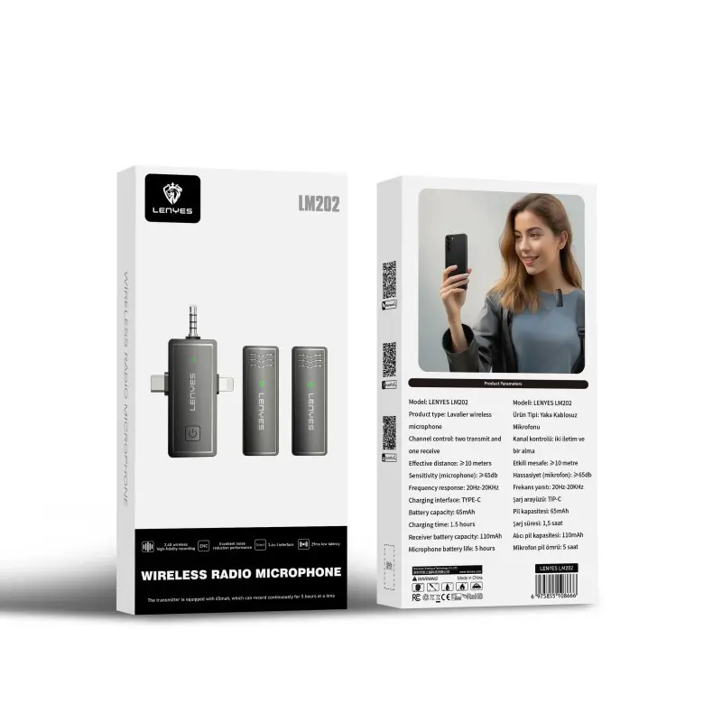 Lenyes LM202 Kablosuz Yaka Mikrofonu, 3'ü 1 Arada Type-C, Lightning ve 3,5 mm