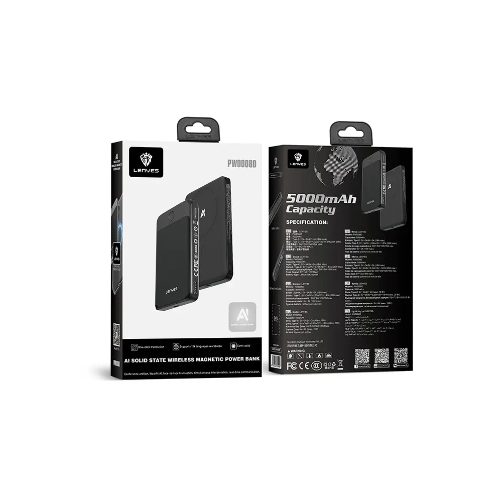 Lenyes PW0008D 5000mAh Kablosuz Powerbank, PD 20W ve LED Ekranlı