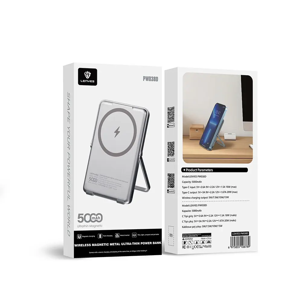 Lenyes PW038D 5000mAh Manyetik Standlı Kablosuz Powerbank, 20W PD