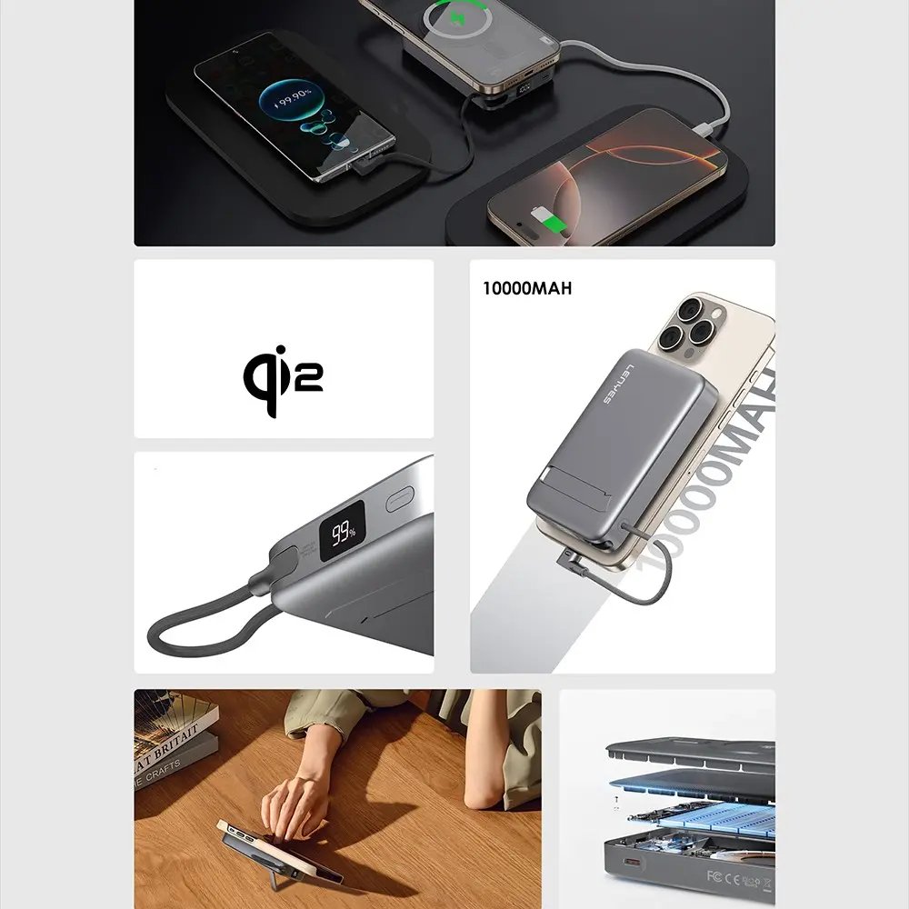 Lenyes PW1009D 10000mAh Qi2 Kablosuz Şarjlı Powerbank, 35W PD ve Standlı